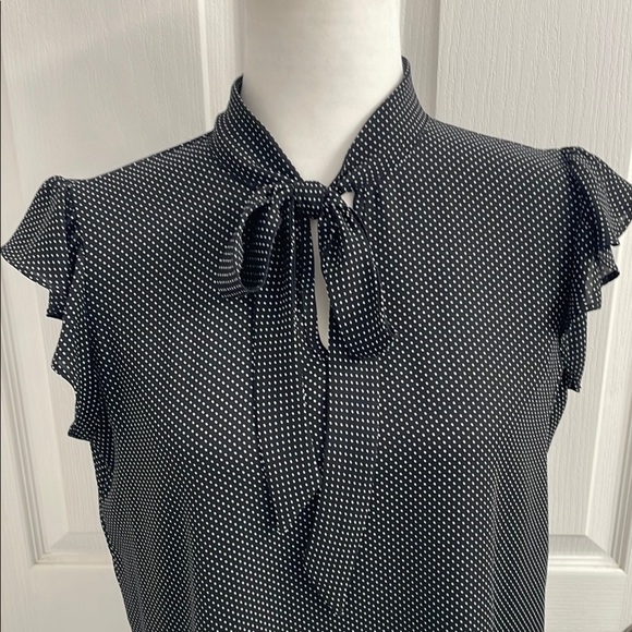 Counterparts Black & White Mini Polka Dot Blouse Tie Neck Flutter Sleeves Size S - Picture 3 of 10